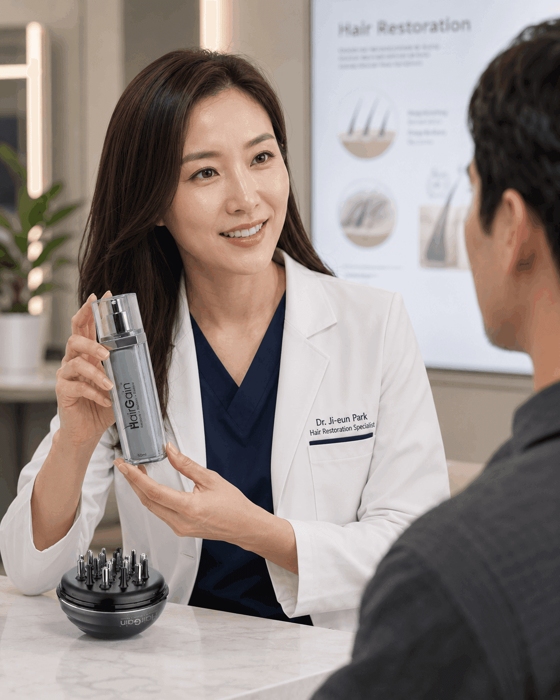 Dr. Ji-eun Park, Hair Restoration Specialist presenting HairGain® during a consultation